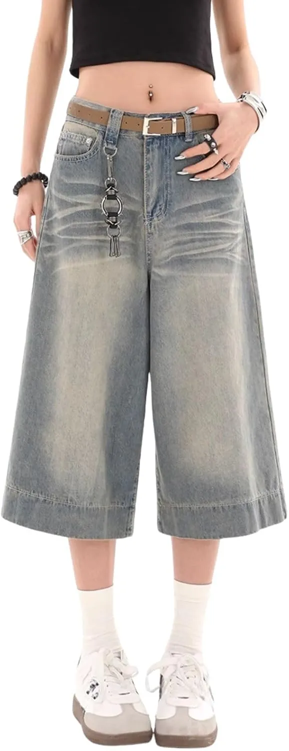 Baggy Wide Leg Cropped Jeans for Women Men Low Waist Jorts Y2k Casual Denim Pants Grunge Summer Clothes.
