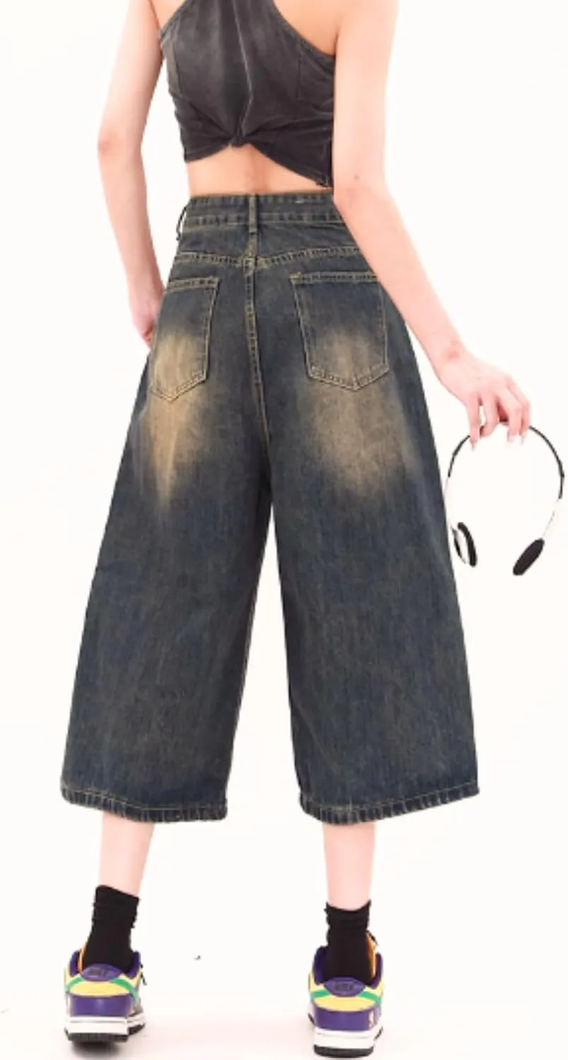 Baggy Wide Leg Cropped Jeans for Women Men Low Waist Jorts Y2k Casual Denim Pants Grunge Summer Clothes.