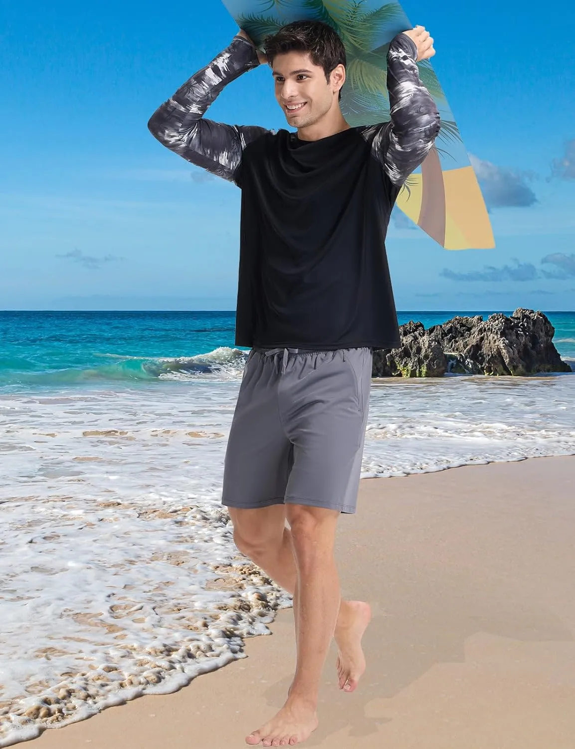 baleaf Men's Sun Protection Swim Shirts Zipper Pocket Rash Guard Shirt Quick Dry Long Sleeve Sun Shirt UPF 50 