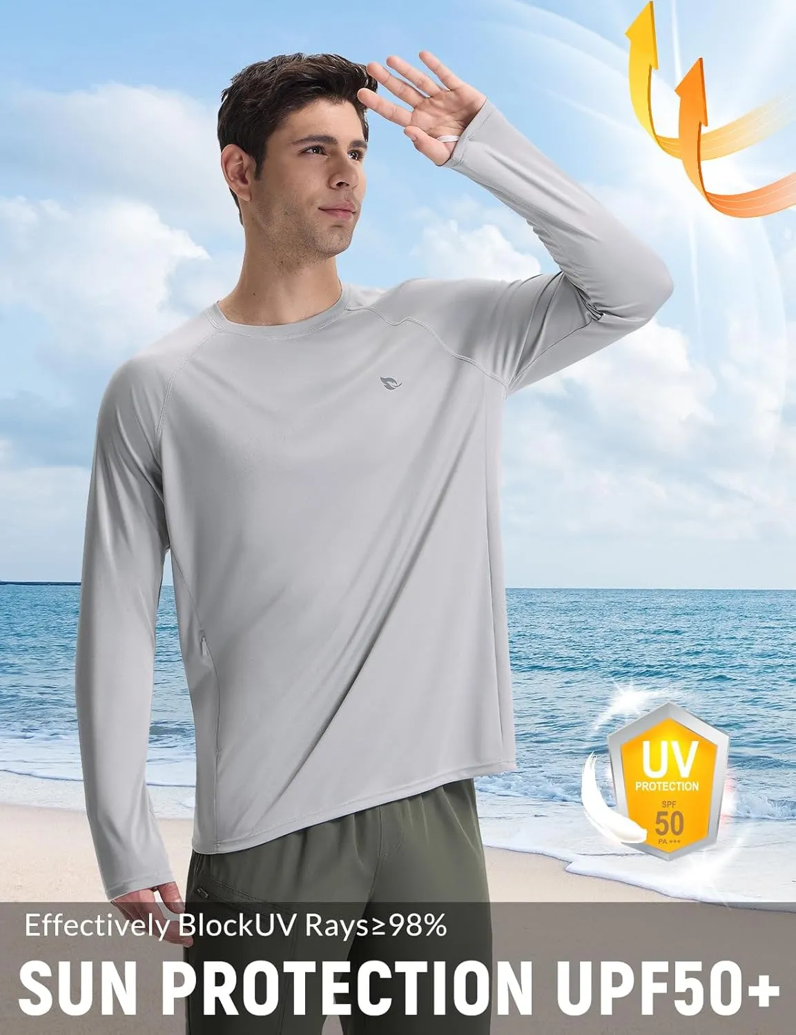 baleaf Men's Sun Protection Swim Shirts Zipper Pocket Rash Guard Shirt Quick Dry Long Sleeve Sun Shirt UPF 50 