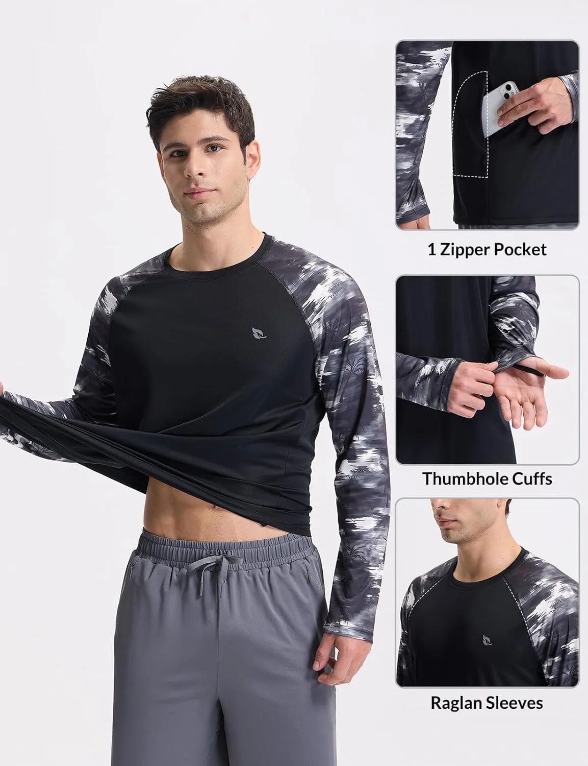 baleaf Men's Sun Protection Swim Shirts Zipper Pocket Rash Guard Shirt Quick Dry Long Sleeve Sun Shirt UPF 50 