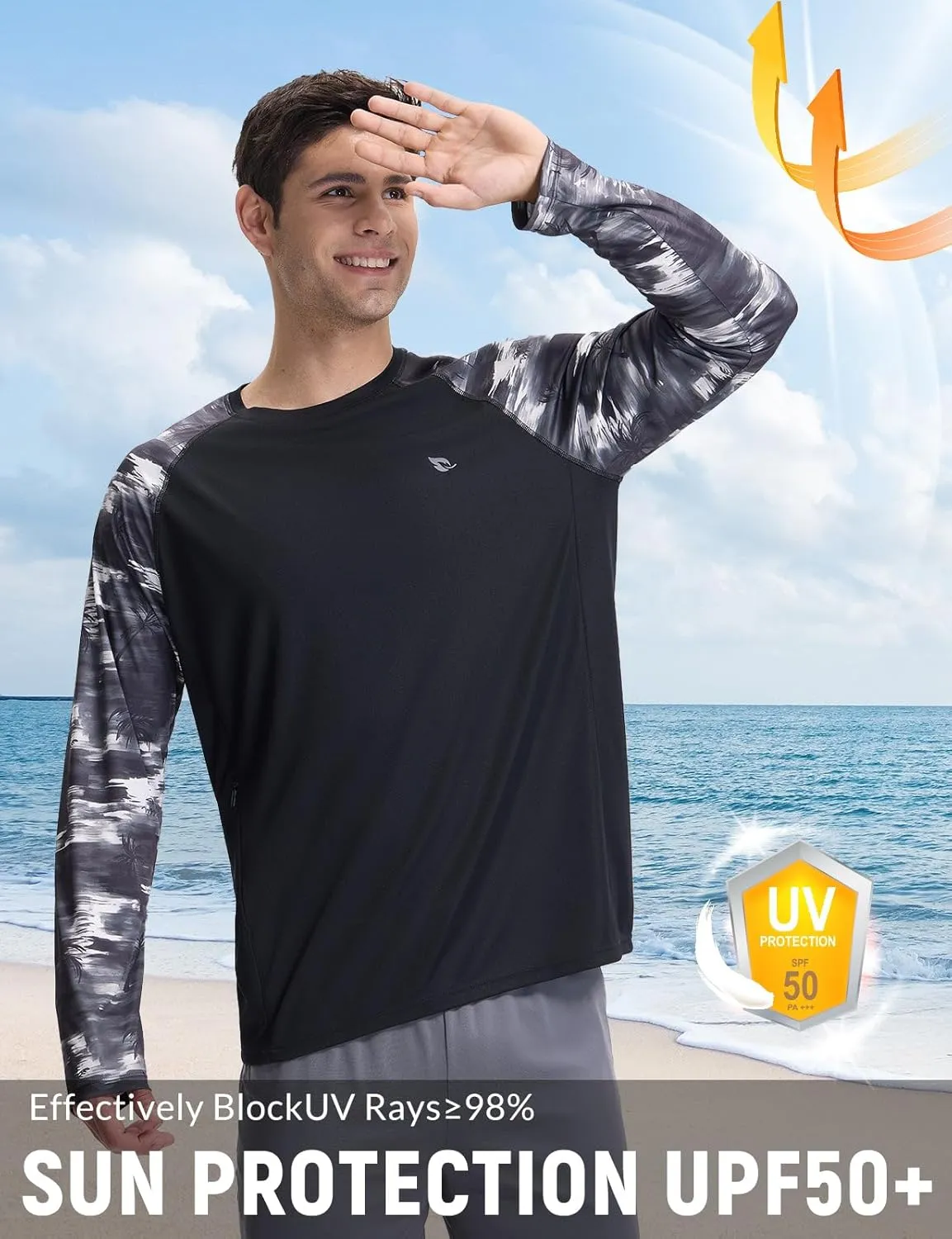 baleaf Men's Sun Protection Swim Shirts Zipper Pocket Rash Guard Shirt Quick Dry Long Sleeve Sun Shirt UPF 50 