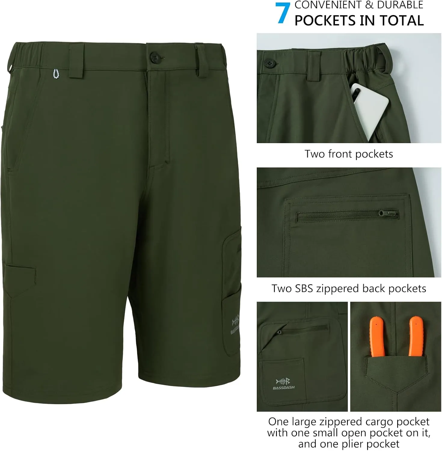 BASSDASH 10.5 Mens Fishing Cargo Shorts Quick Dry UPF 50  Water Resistant FP01M