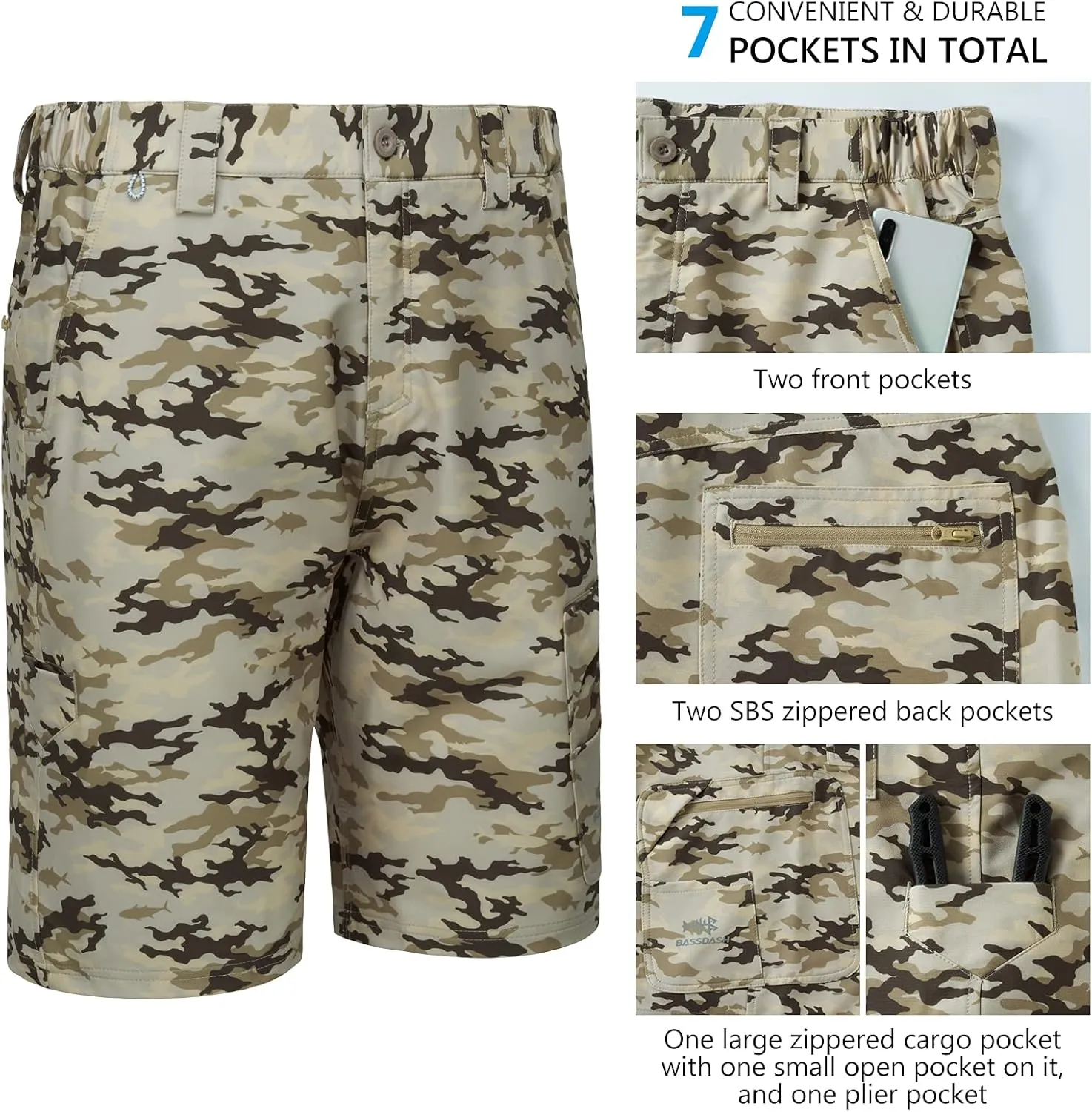 BASSDASH 10.5 Mens Fishing Cargo Shorts Quick Dry UPF 50  Water Resistant FP01M