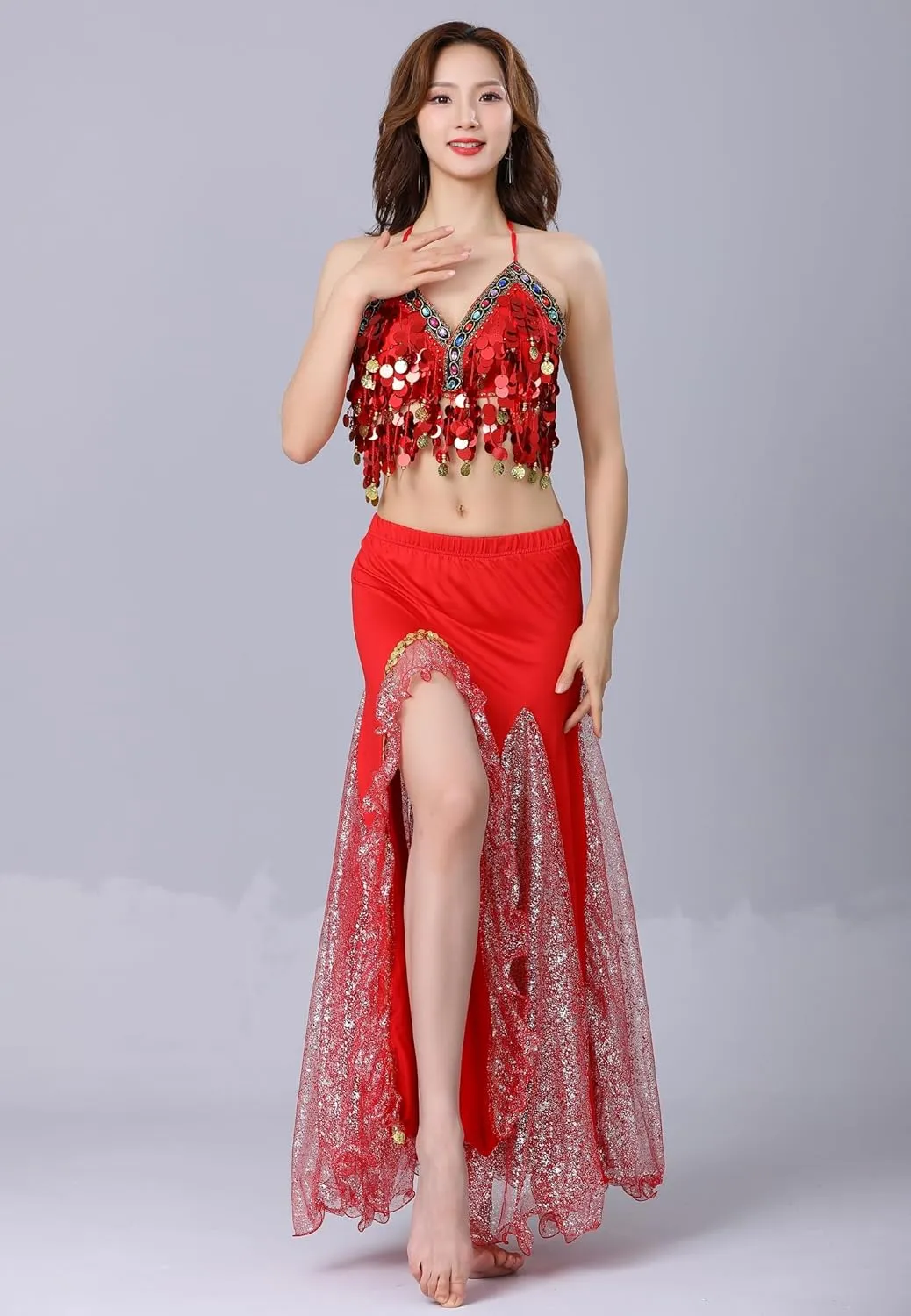Belly Dance Skirt, Sequin Slit Dance Costume Outfit, Wrap Hip Skirts, Stage Performance Competition Skirt