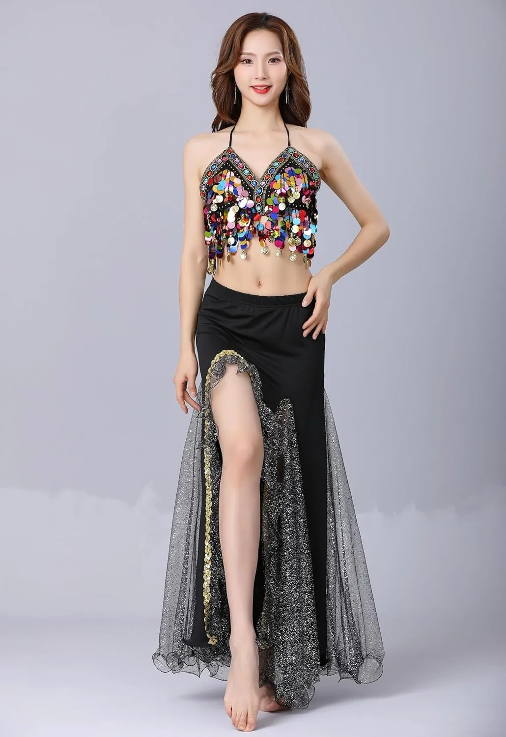 Belly Dance Skirt, Sequin Slit Dance Costume Outfit, Wrap Hip Skirts, Stage Performance Competition Skirt