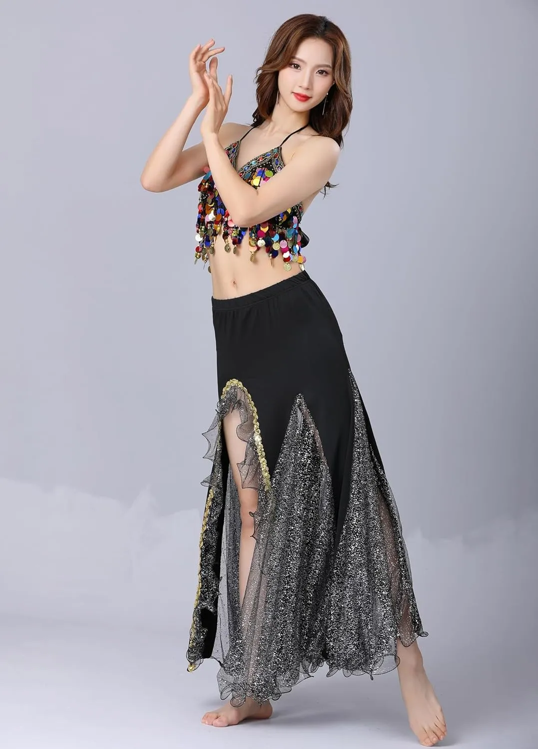 Belly Dance Skirt, Sequin Slit Dance Costume Outfit, Wrap Hip Skirts, Stage Performance Competition Skirt