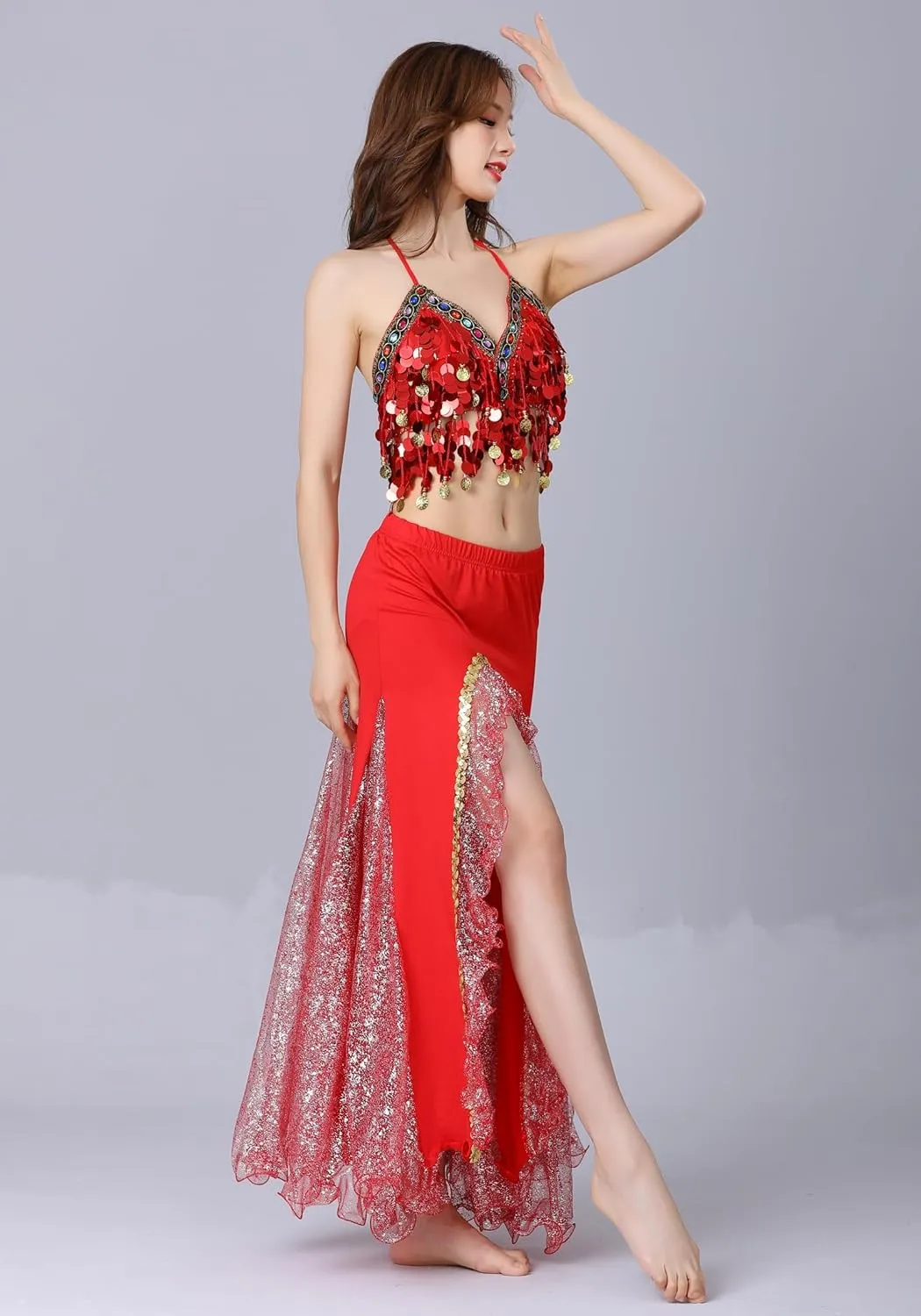 Belly Dance Skirt, Sequin Slit Dance Costume Outfit, Wrap Hip Skirts, Stage Performance Competition Skirt