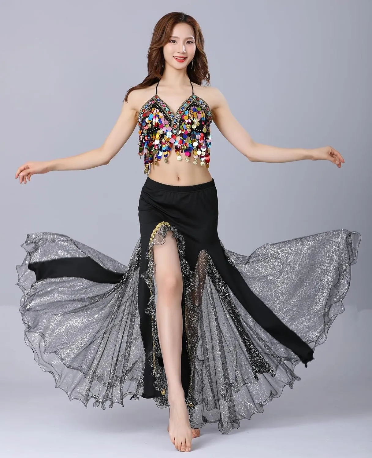 Belly Dance Skirt, Sequin Slit Dance Costume Outfit, Wrap Hip Skirts, Stage Performance Competition Skirt
