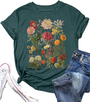 Boho Wildflowers Tshirt Women Vintage Flowers Shirt Floral Nature Tee Garden Lovers T-Shirt Botanical Tops