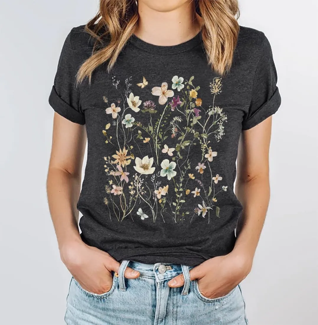 Boho Wildflowers Tshirt Women Vintage Flowers Shirt Floral Nature Tee Garden Lovers T-Shirt Botanical Tops
