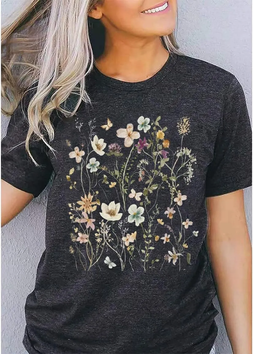 Boho Wildflowers Tshirt Women Vintage Flowers Shirt Floral Nature Tee Garden Lovers T-Shirt Botanical Tops