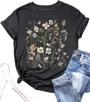 Boho Wildflowers Tshirt Women Vintage Flowers Shirt Floral Nature Tee Garden Lovers T-Shirt Botanical Tops