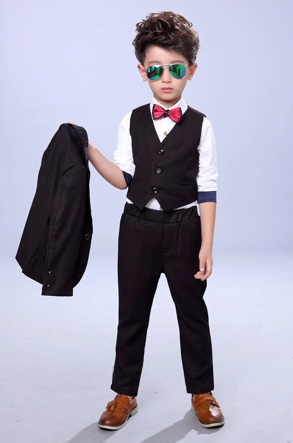 Boys 3Pcs Modern Fit Suit Solid Dress Suit Jacket Vest Pants 3-10 Years