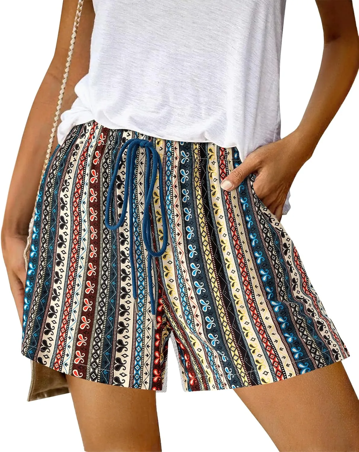BTFBM Womens Boho Summer Shorts Beach Vacation Clothes 2025 Elastic Waist Casual Printed Loose Short Lounge Pant Pockets