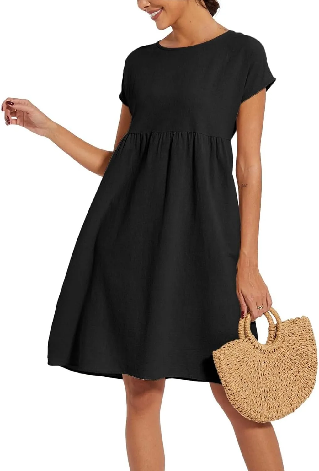 Casual Linen Dresses for Women Crewneck Summer Midi Dress with Pockets Solid Plus Size Short Sleeve T Shirt Dress