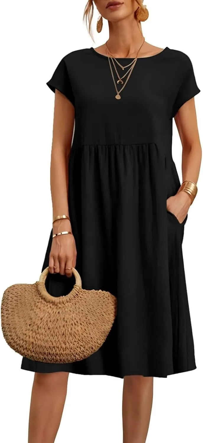 Casual Linen Dresses for Women Crewneck Summer Midi Dress with Pockets Solid Plus Size Short Sleeve T Shirt Dress