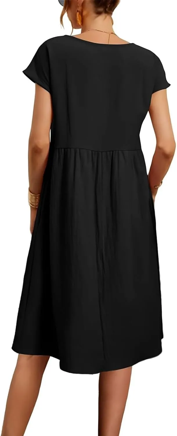 Casual Linen Dresses for Women Crewneck Summer Midi Dress with Pockets Solid Plus Size Short Sleeve T Shirt Dress