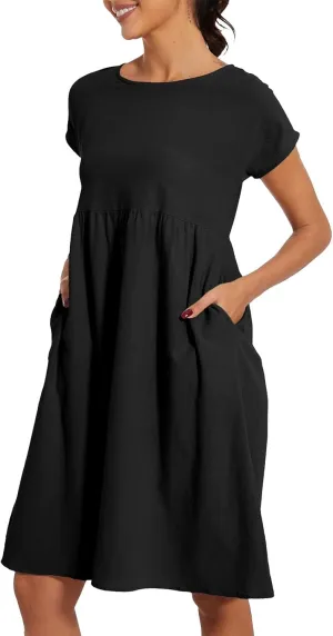 Casual Linen Dresses for Women Crewneck Summer Midi Dress with Pockets Solid Plus Size Short Sleeve T Shirt Dress