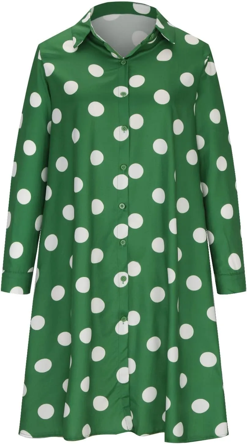 Ceboyel Shirt Dresses for Women 2023 Polka Dot Midi Dress Long Sleeve Button Down Dress Dressy Casual Ladies Clothing