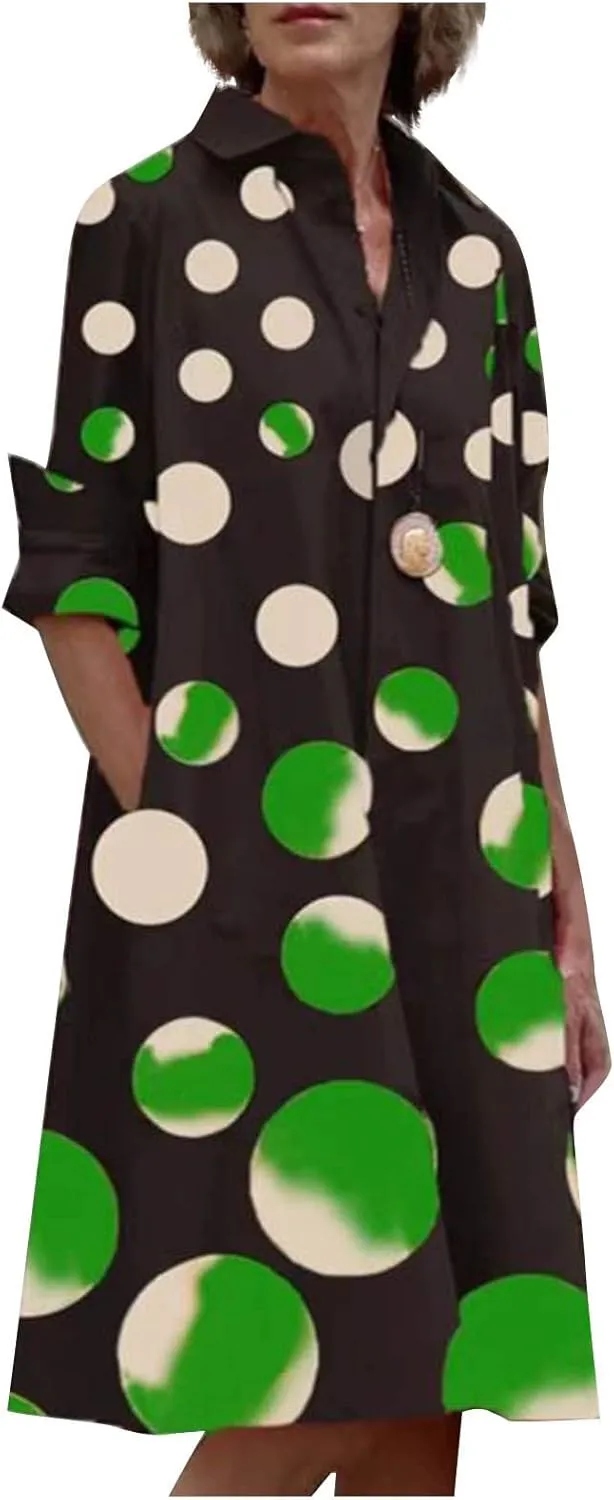 Ceboyel Shirt Dresses for Women 2023 Polka Dot Midi Dress Long Sleeve Button Down Dress Dressy Casual Ladies Clothing