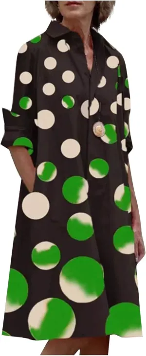 Ceboyel Shirt Dresses for Women 2023 Polka Dot Midi Dress Long Sleeve Button Down Dress Dressy Casual Ladies Clothing