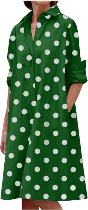 Ceboyel Shirt Dresses for Women 2023 Polka Dot Midi Dress Long Sleeve Button Down Dress Dressy Casual Ladies Clothing