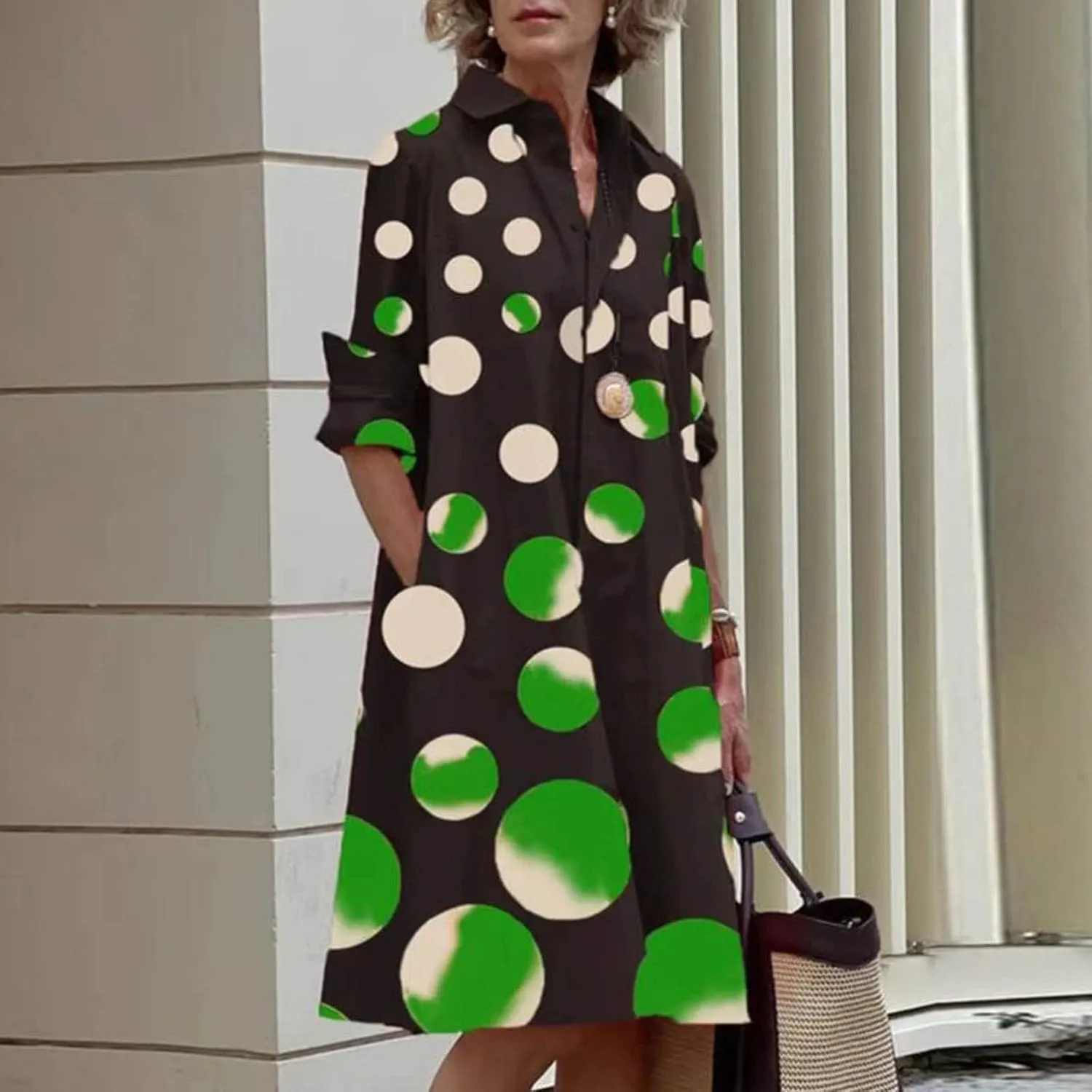 Ceboyel Shirt Dresses for Women 2023 Polka Dot Midi Dress Long Sleeve Button Down Dress Dressy Casual Ladies Clothing