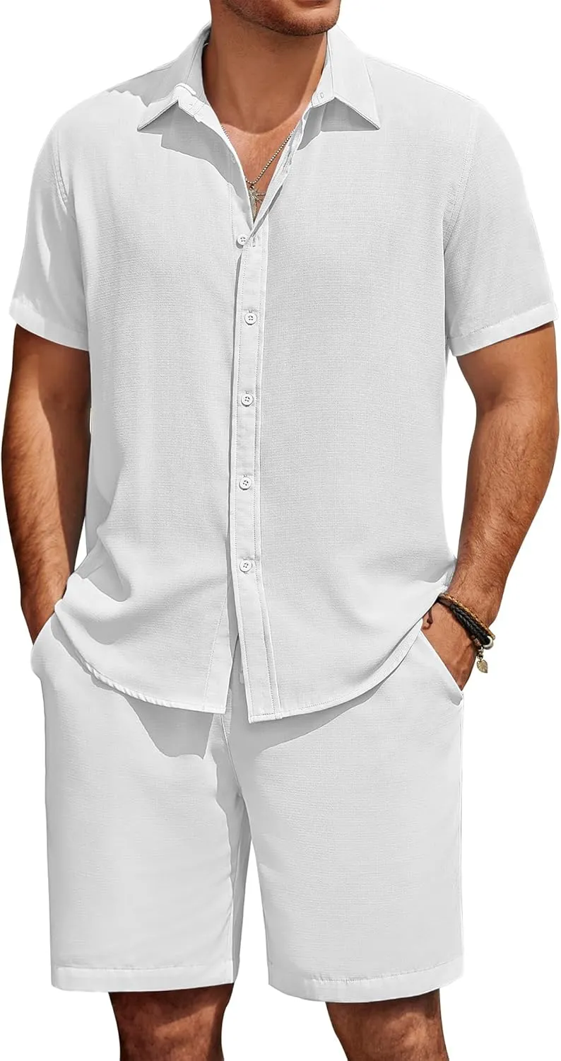 COOFANDY Mens Summer Beach 2 Piece Outfits Casual Vacation Cotton Linen Yoga Matching Set Short Sleeve Shirt and Shorts