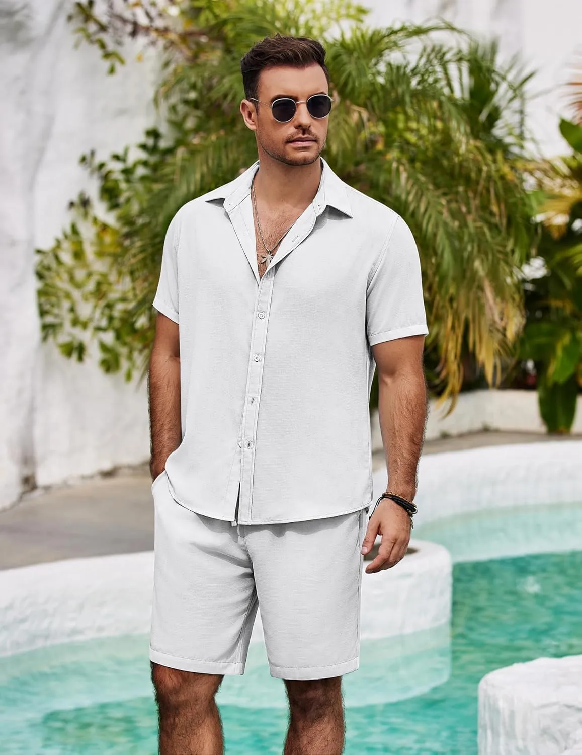 COOFANDY Mens Summer Beach 2 Piece Outfits Casual Vacation Cotton Linen Yoga Matching Set Short Sleeve Shirt and Shorts