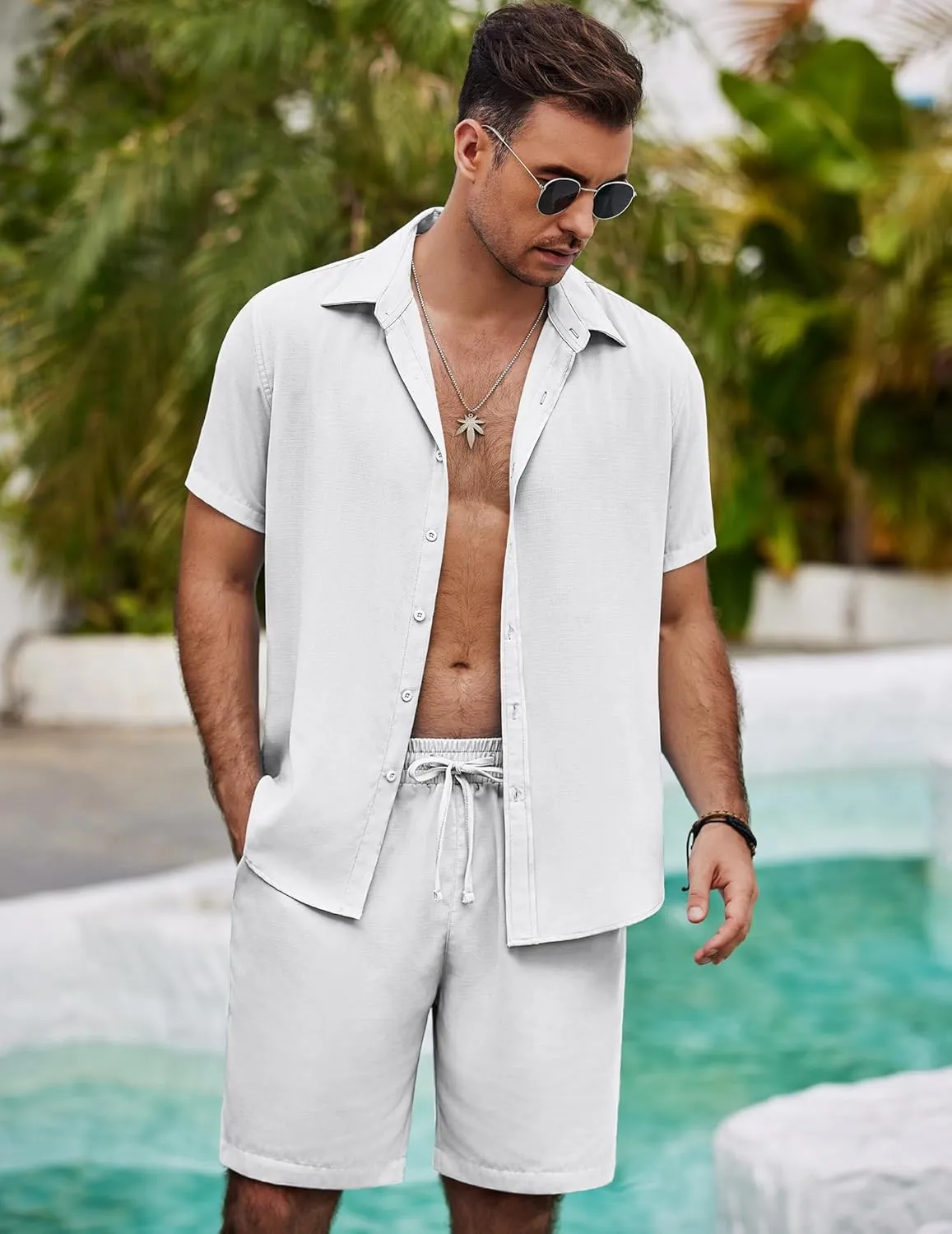 COOFANDY Mens Summer Beach 2 Piece Outfits Casual Vacation Cotton Linen Yoga Matching Set Short Sleeve Shirt and Shorts