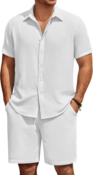 COOFANDY Mens Summer Beach 2 Piece Outfits Casual Vacation Cotton Linen Yoga Matching Set Short Sleeve Shirt and Shorts