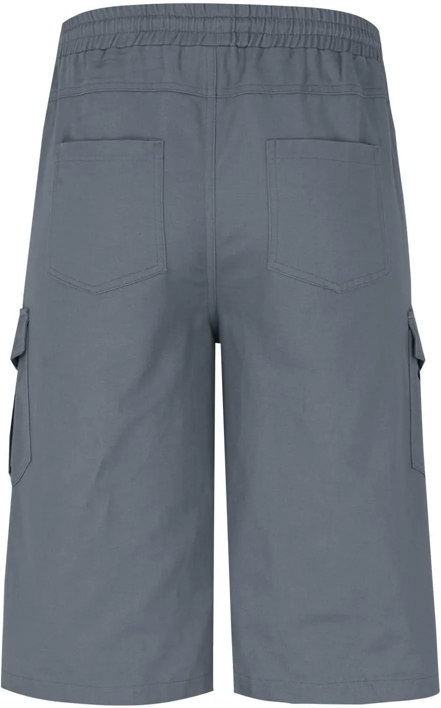 Cotton Cargo Shorts Men Elastic Waist Relax Durable Multiple Pockets Casual Outdoor Travel Summer Breathable