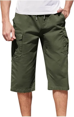 Cotton Cargo Shorts Men Elastic Waist Relax Durable Multiple Pockets Casual Outdoor Travel Summer Breathable