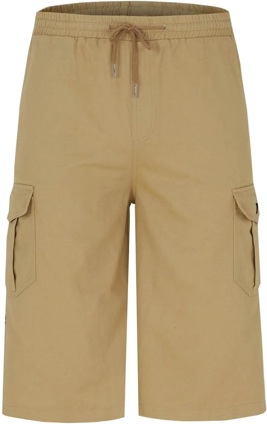 Cotton Cargo Shorts Men Elastic Waist Relax Durable Multiple Pockets Casual Outdoor Travel Summer Breathable