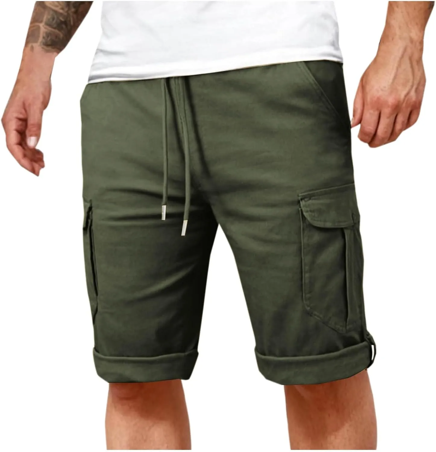 Cotton Cargo Shorts Men Elastic Waist Relax Durable Multiple Pockets Casual Outdoor Travel Summer Breathable