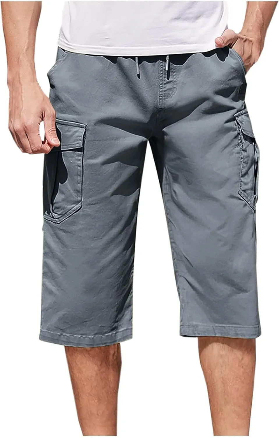 Cotton Cargo Shorts Men Elastic Waist Relax Durable Multiple Pockets Casual Outdoor Travel Summer Breathable