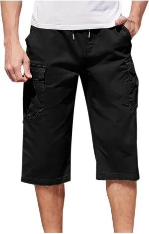 Cotton Cargo Shorts Men Elastic Waist Relax Durable Multiple Pockets Casual Outdoor Travel Summer Breathable
