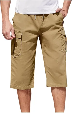 Cotton Cargo Shorts Men Elastic Waist Relax Durable Multiple Pockets Casual Outdoor Travel Summer Breathable