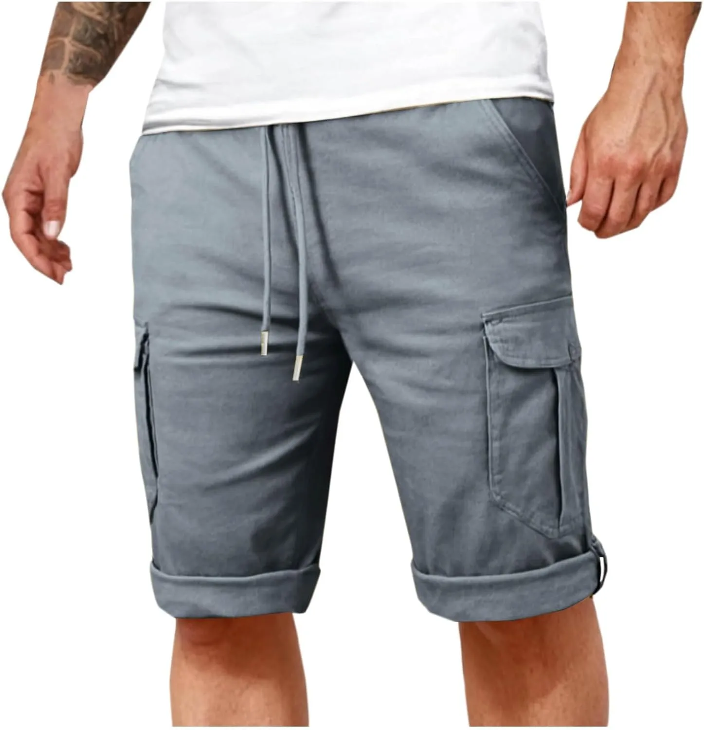 Cotton Cargo Shorts Men Elastic Waist Relax Durable Multiple Pockets Casual Outdoor Travel Summer Breathable