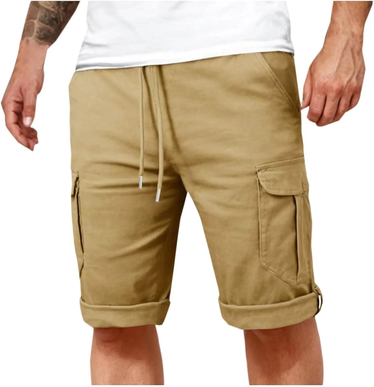 Cotton Cargo Shorts Men Elastic Waist Relax Durable Multiple Pockets Casual Outdoor Travel Summer Breathable