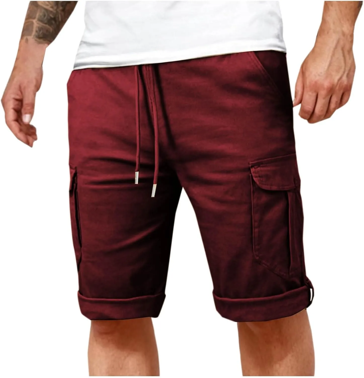 Cotton Cargo Shorts Men Elastic Waist Relax Durable Multiple Pockets Casual Outdoor Travel Summer Breathable