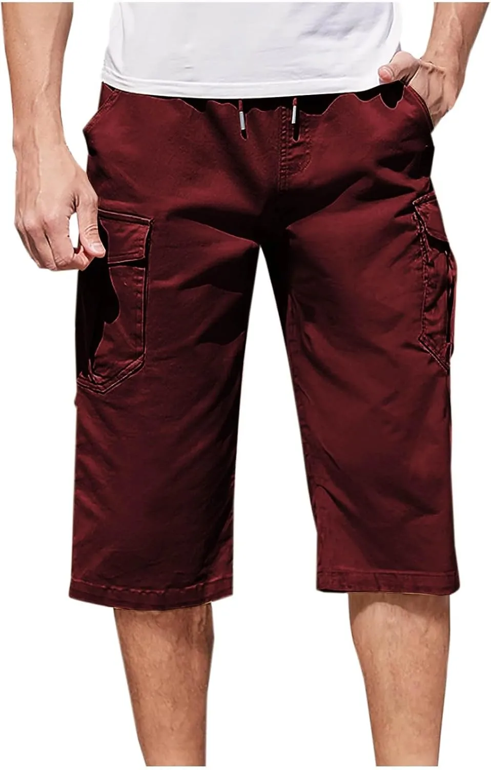 Cotton Cargo Shorts Men Elastic Waist Relax Durable Multiple Pockets Casual Outdoor Travel Summer Breathable