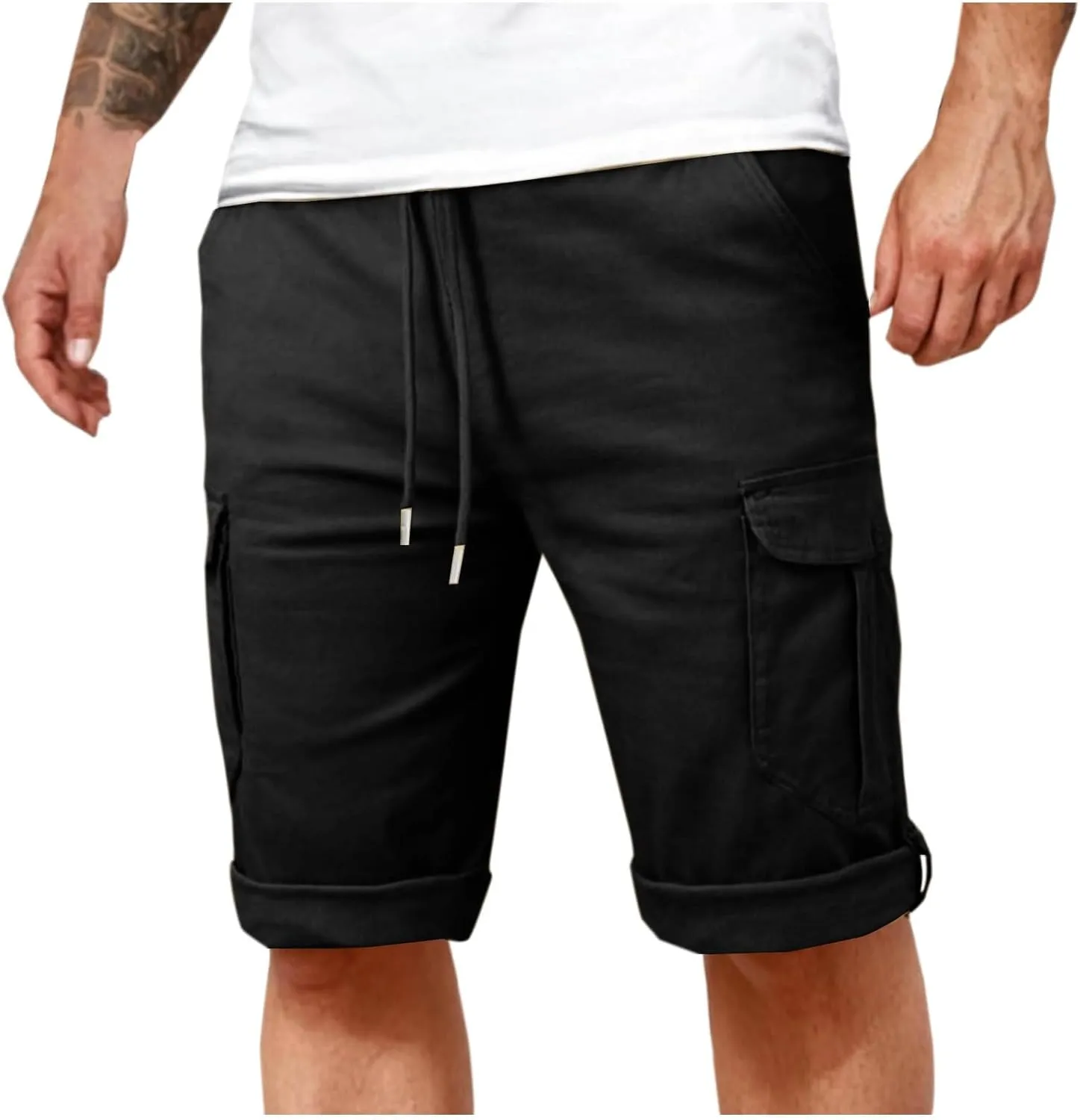 Cotton Cargo Shorts Men Elastic Waist Relax Durable Multiple Pockets Casual Outdoor Travel Summer Breathable