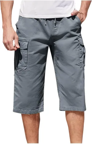 Cotton Cargo Shorts Men Elastic Waist Relax Durable Multiple Pockets Casual Outdoor Travel Summer Breathable