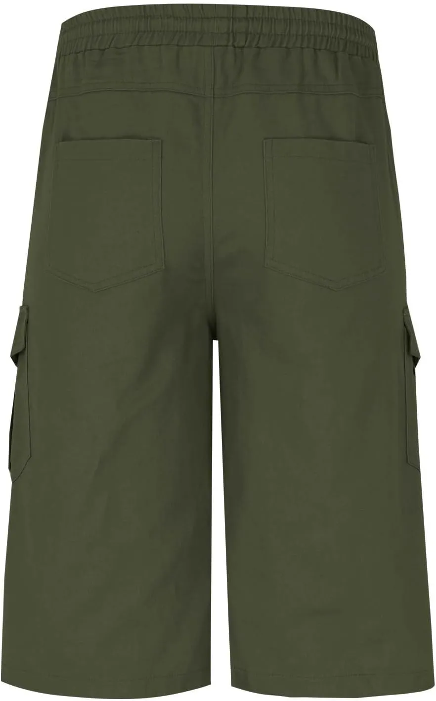 Cotton Cargo Shorts Men Elastic Waist Relax Durable Multiple Pockets Casual Outdoor Travel Summer Breathable