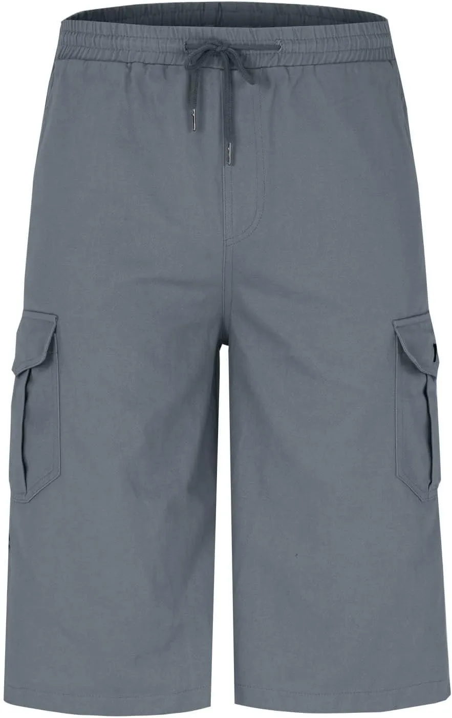 Cotton Cargo Shorts Men Elastic Waist Relax Durable Multiple Pockets Casual Outdoor Travel Summer Breathable