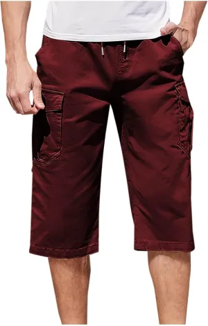 Cotton Cargo Shorts Men Elastic Waist Relax Durable Multiple Pockets Casual Outdoor Travel Summer Breathable