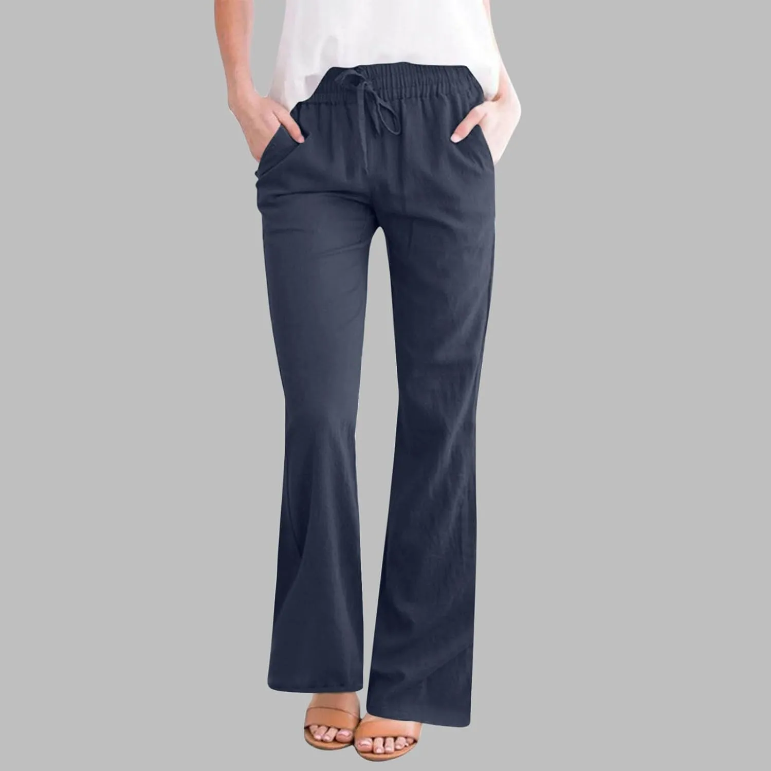Cotton Linen Pants Women Summer Drawstring Plus Size Linen Pants for Women Casual Baggy High Waisted Pants Trousers
