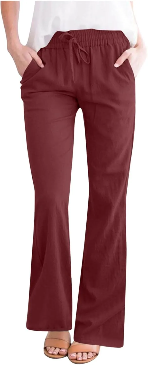 Cotton Linen Pants Women Summer Drawstring Plus Size Linen Pants for Women Casual Baggy High Waisted Pants Trousers